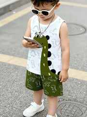 2pcs Boys Dinosaur Print Tank Top & Shorts Set - Ivory