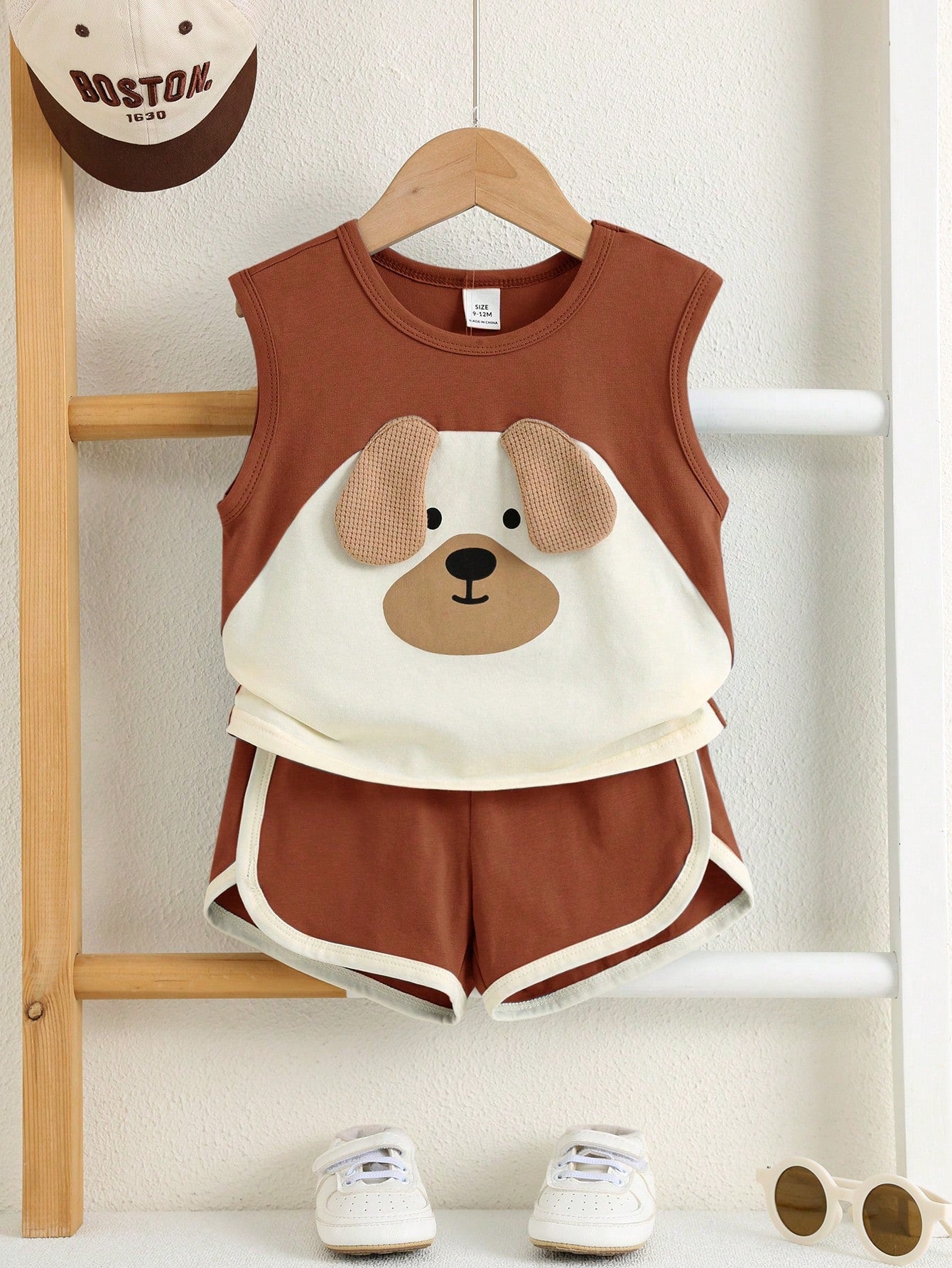 2pcs Boys Puppy Appliqué Tank Top & Dolphin Shorts Set - Terracotta...