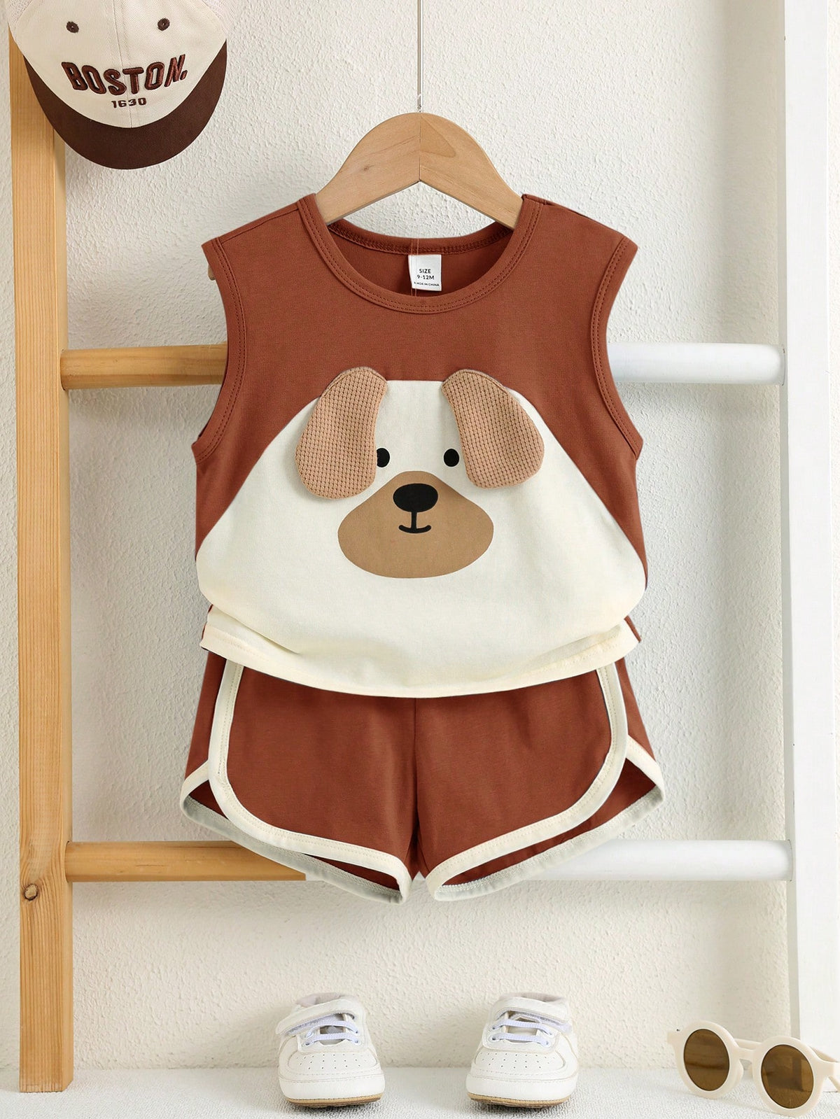 2pcs Boys Puppy Appliqué Tank Top & Dolphin Shorts Set - Terracotta...