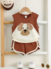 2pcs Boys Puppy Appliqué Tank Top & Dolphin Shorts Set - Terracotta...