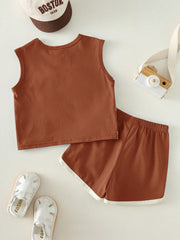 2pcs Boys Puppy Appliqué Tank Top & Dolphin Shorts Set - Terracotta...