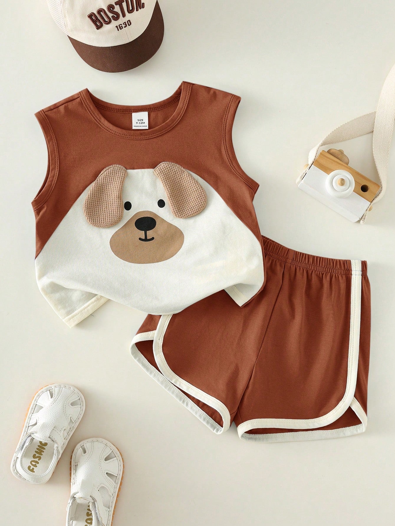 2pcs Boys Puppy Appliqué Tank Top & Dolphin Shorts Set - Terracotta...