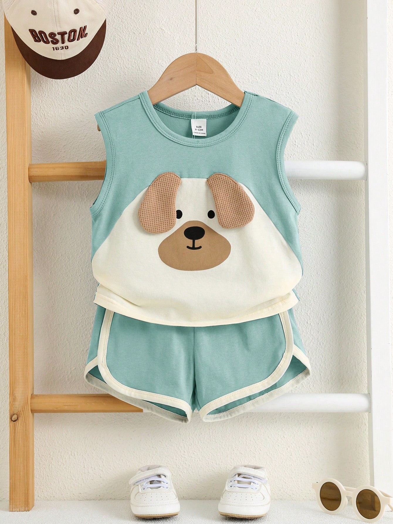 2pcs Boys Puppy Appliqué Vest & Runner Shorts Set - Celadon | 21 Ce...