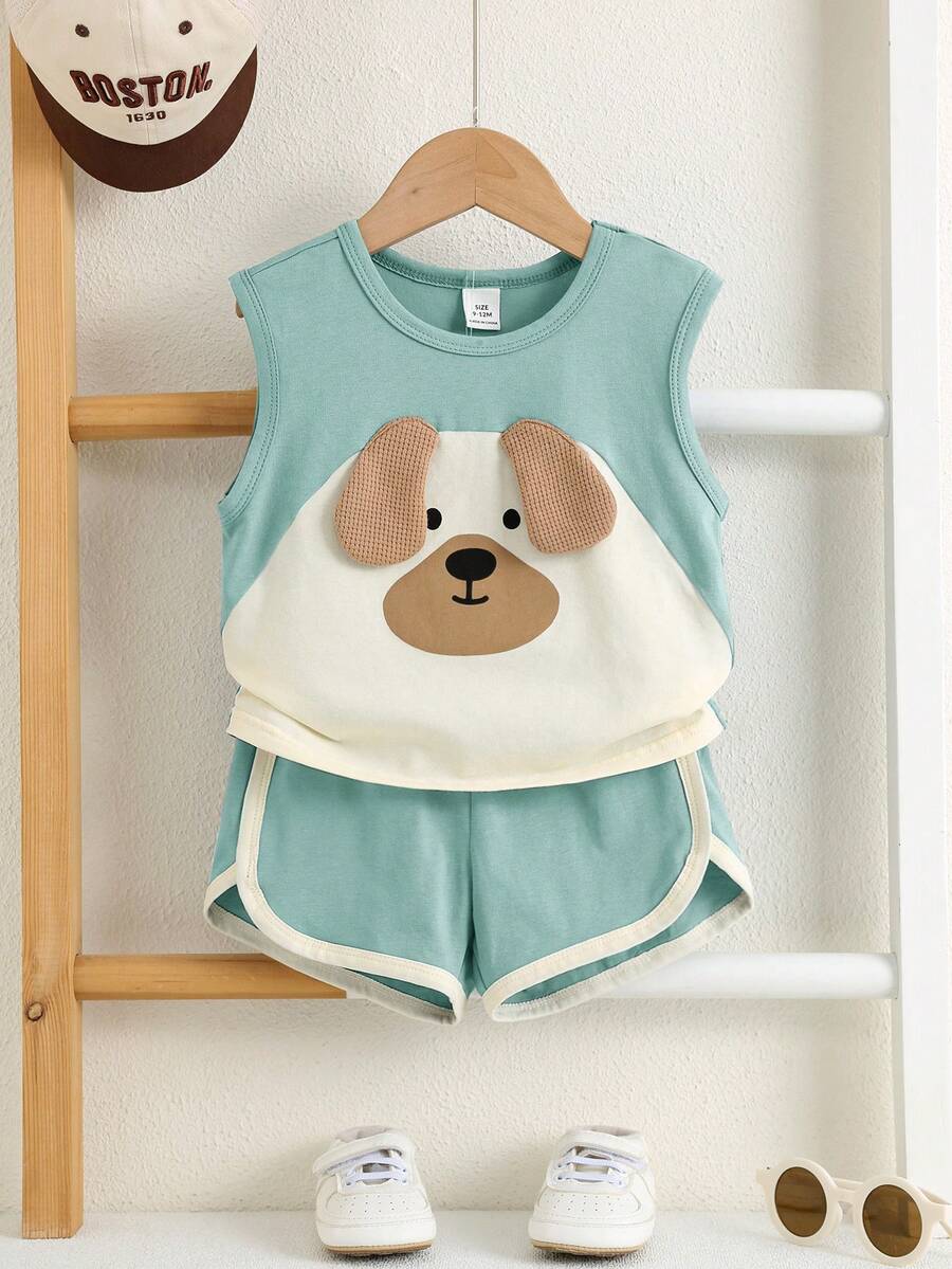 2pcs Boys Puppy Appliqué Vest & Runner Shorts Set - Celadon | 21 Ce...