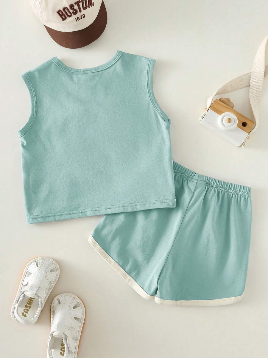 2pcs Boys Puppy Appliqué Vest & Runner Shorts Set - Celadon | 21 Ce...