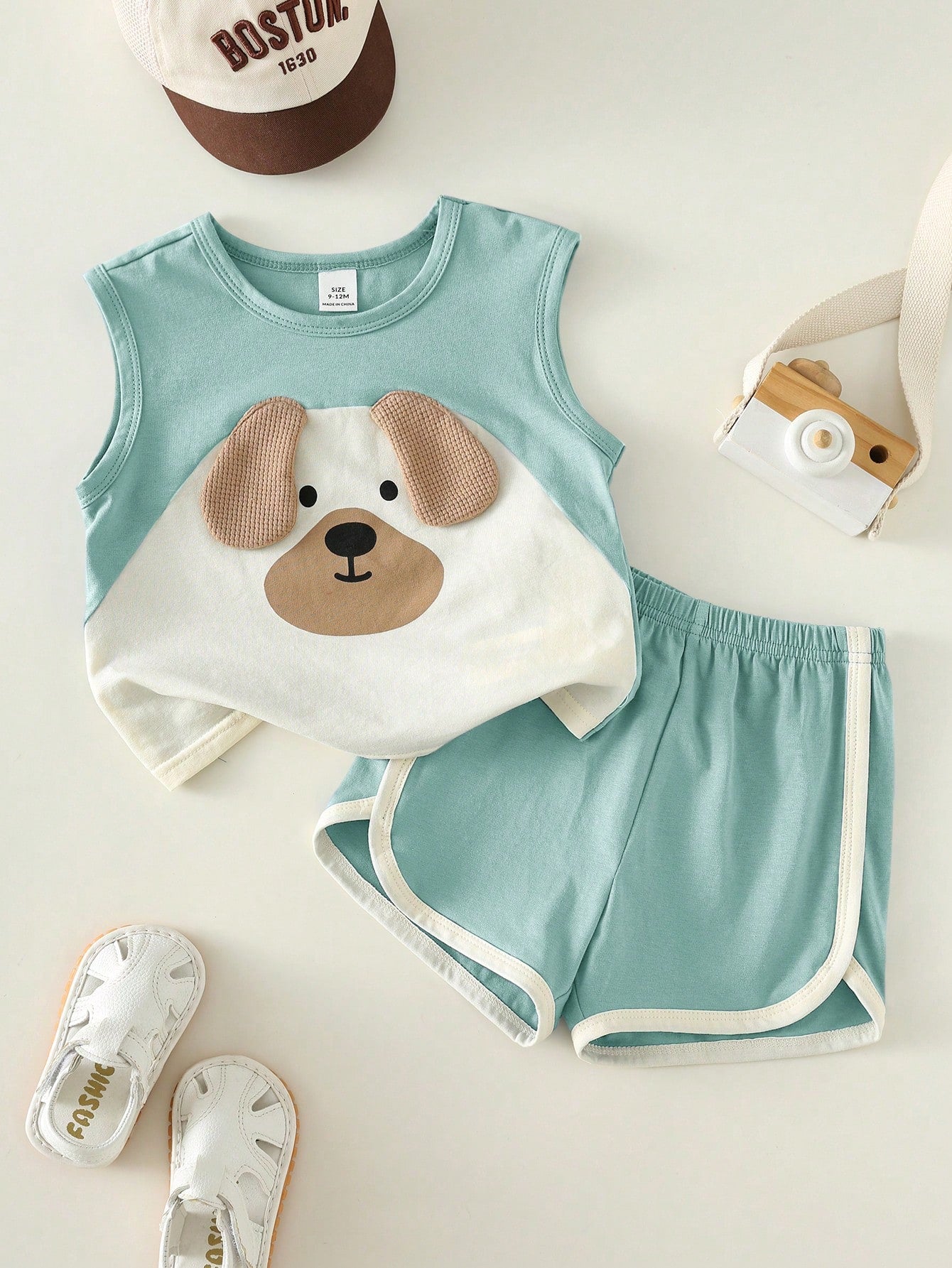 2pcs Boys Puppy Appliqué Vest & Runner Shorts Set - Celadon | 21 Ce...