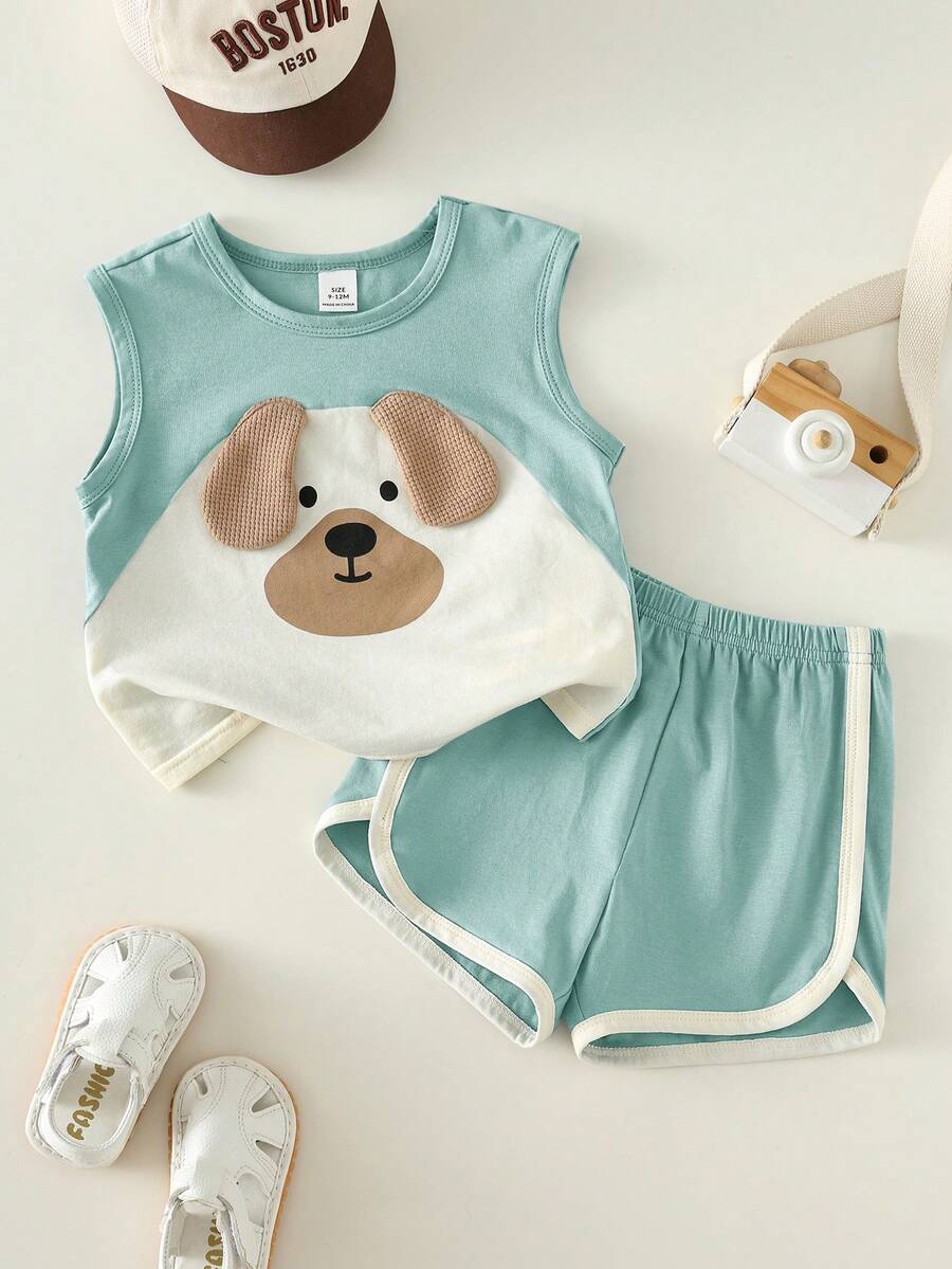 2pcs Boys Puppy Appliqué Vest & Runner Shorts Set - Celadon | 21 Ce...