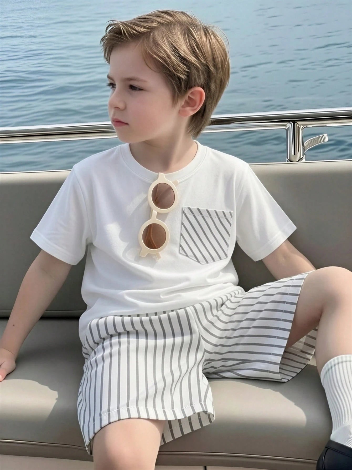 Boys Stripe Pocket Tee & Bermuda Shorts Set - Ivory