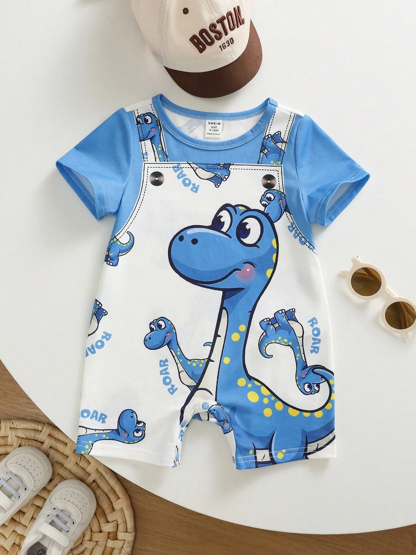 Unisex Dinosaur Print Short Sleeve Romper - Cerulean | 21 Century Kids