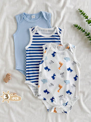 3pcs Baby Boys Safari Animal Print Sleeveless Bodysuit Set - Powder...