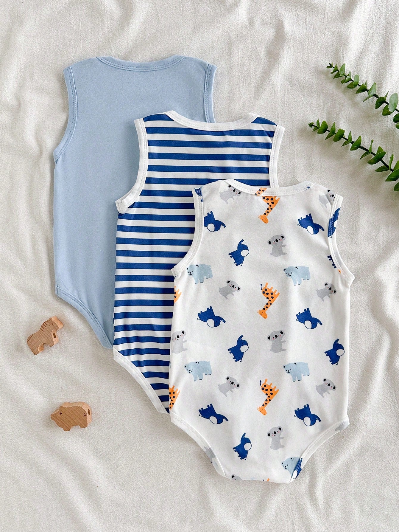 3pcs Baby Boys Safari Animal Print Sleeveless Bodysuit Set - Powder...