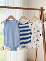 3pcs Baby Boys Safari Animal Print Sleeveless Bodysuit Set - Powder...