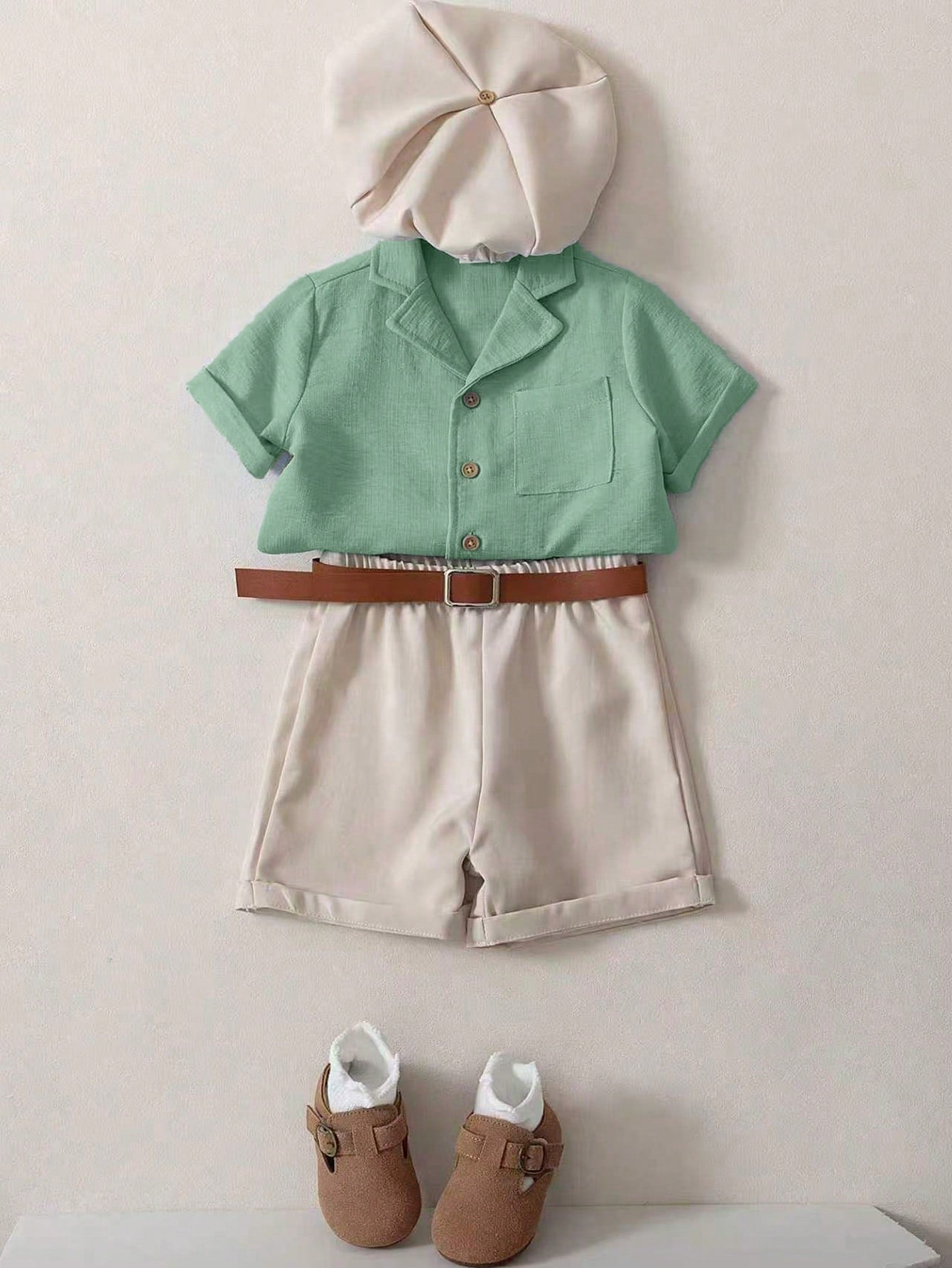 3pcs Boys Linen Notch Collar Shirt, Shorts & Baker Boy Cap - Sage |...