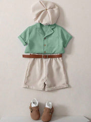 3pcs Boys Linen Notch Collar Shirt, Shorts & Baker Boy Cap - Sage |...