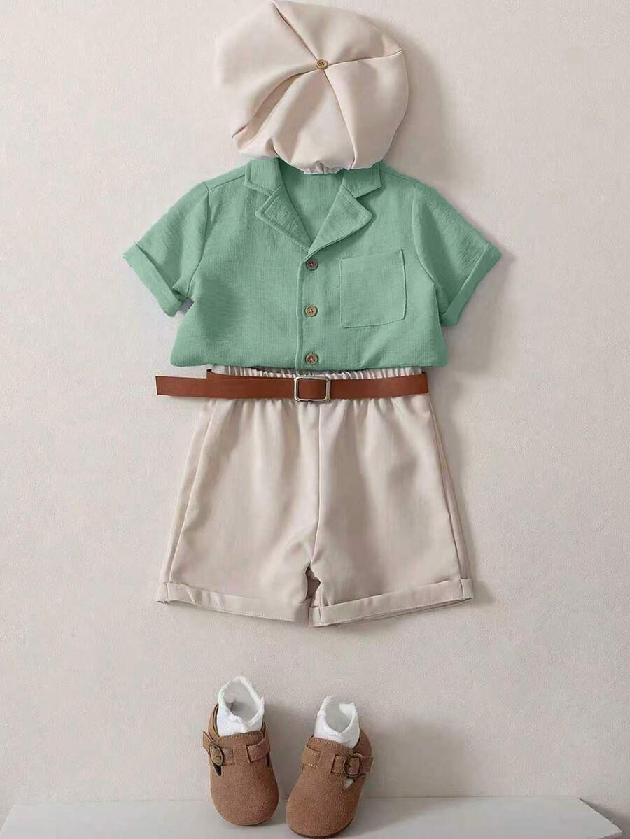3pcs Boys Linen Notch Collar Shirt, Shorts & Baker Boy Cap - Sage |...