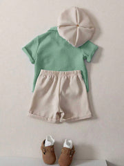 3pcs Boys Linen Notch Collar Shirt, Shorts & Baker Boy Cap - Sage |...