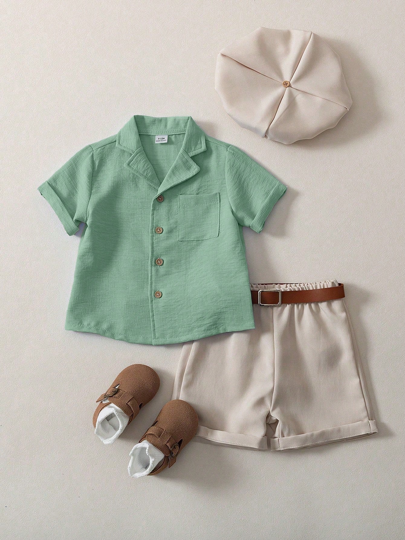 3pcs Boys Linen Notch Collar Shirt, Shorts & Baker Boy Cap - Sage |...