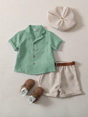 3pcs Boys Linen Notch Collar Shirt, Shorts & Baker Boy Cap - Sage |...
