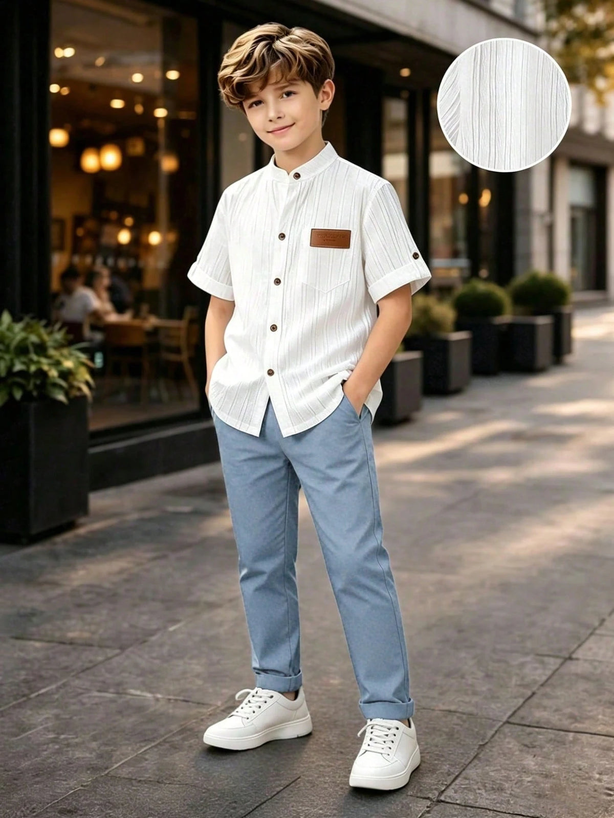 2pcs Boys Textured Striped Shirt & Pants Set - Haze Blue