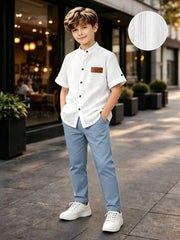 2pcs Boys Textured Striped Shirt & Pants Set - Haze Blue