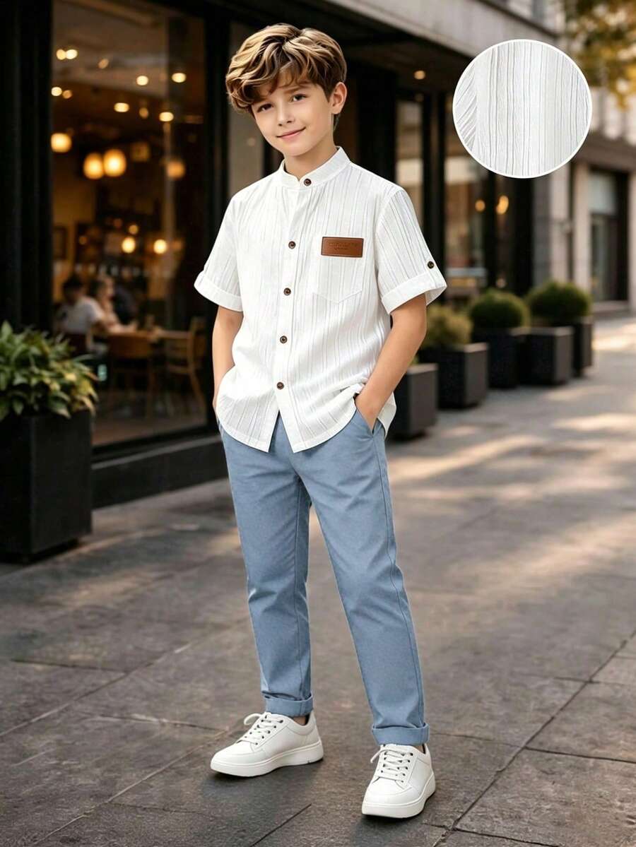 2pcs Boys Textured Striped Shirt & Pants Set - Haze Blue