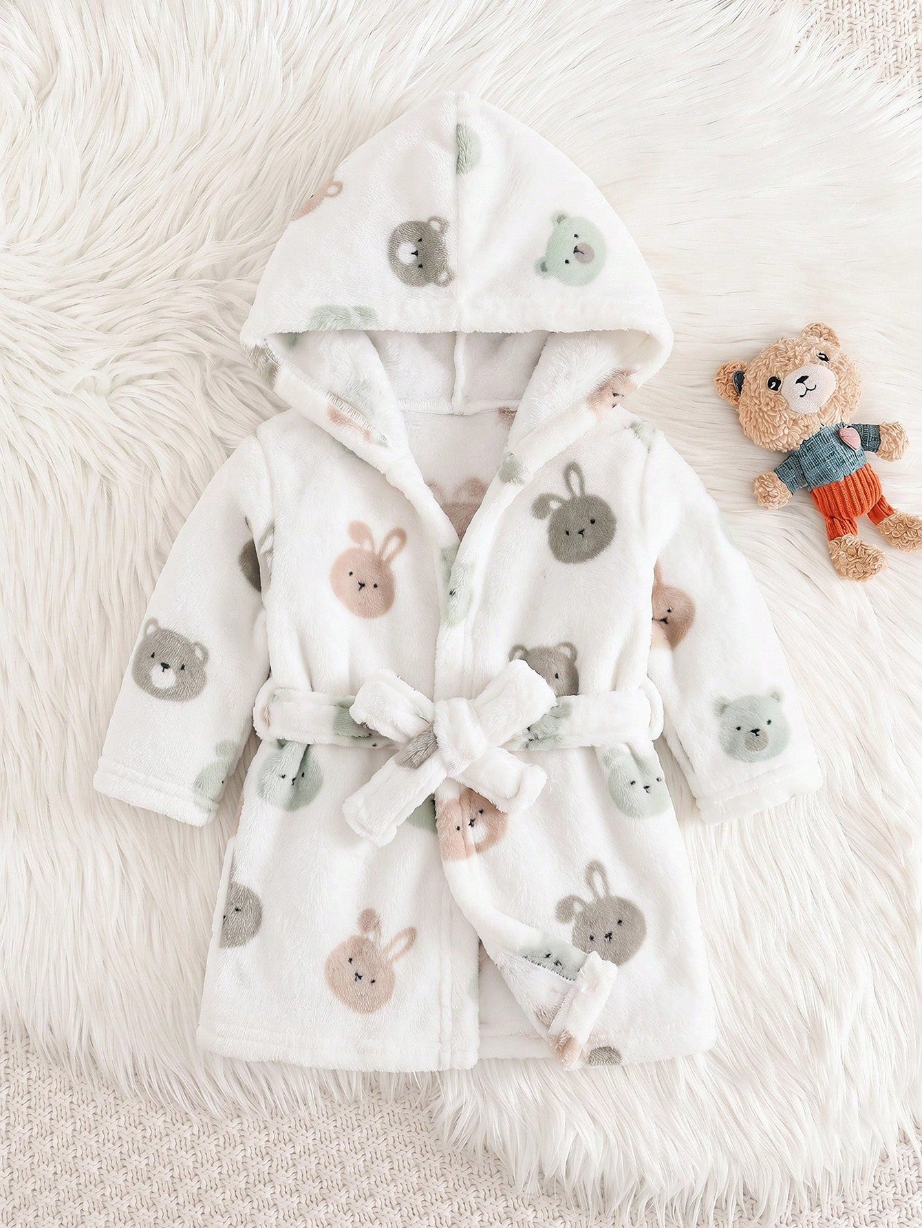 Baby Boys Bear & Bunny Fleece Hooded Robe - Ivory | 21 Century Kids
