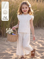 2pcs Little Girls Eyelet Ruffle Blouse & Wide-Leg Pants Set - Ivory...