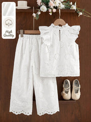 2pcs Little Girls Eyelet Ruffle Blouse & Wide-Leg Pants Set - Ivory...