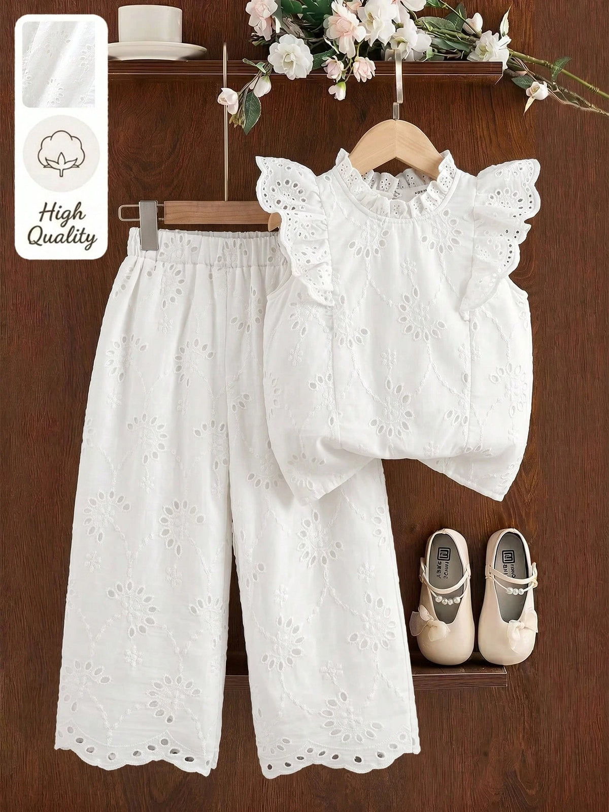 2pcs Little Girls Eyelet Ruffle Blouse & Wide-Leg Pants Set - Ivory...