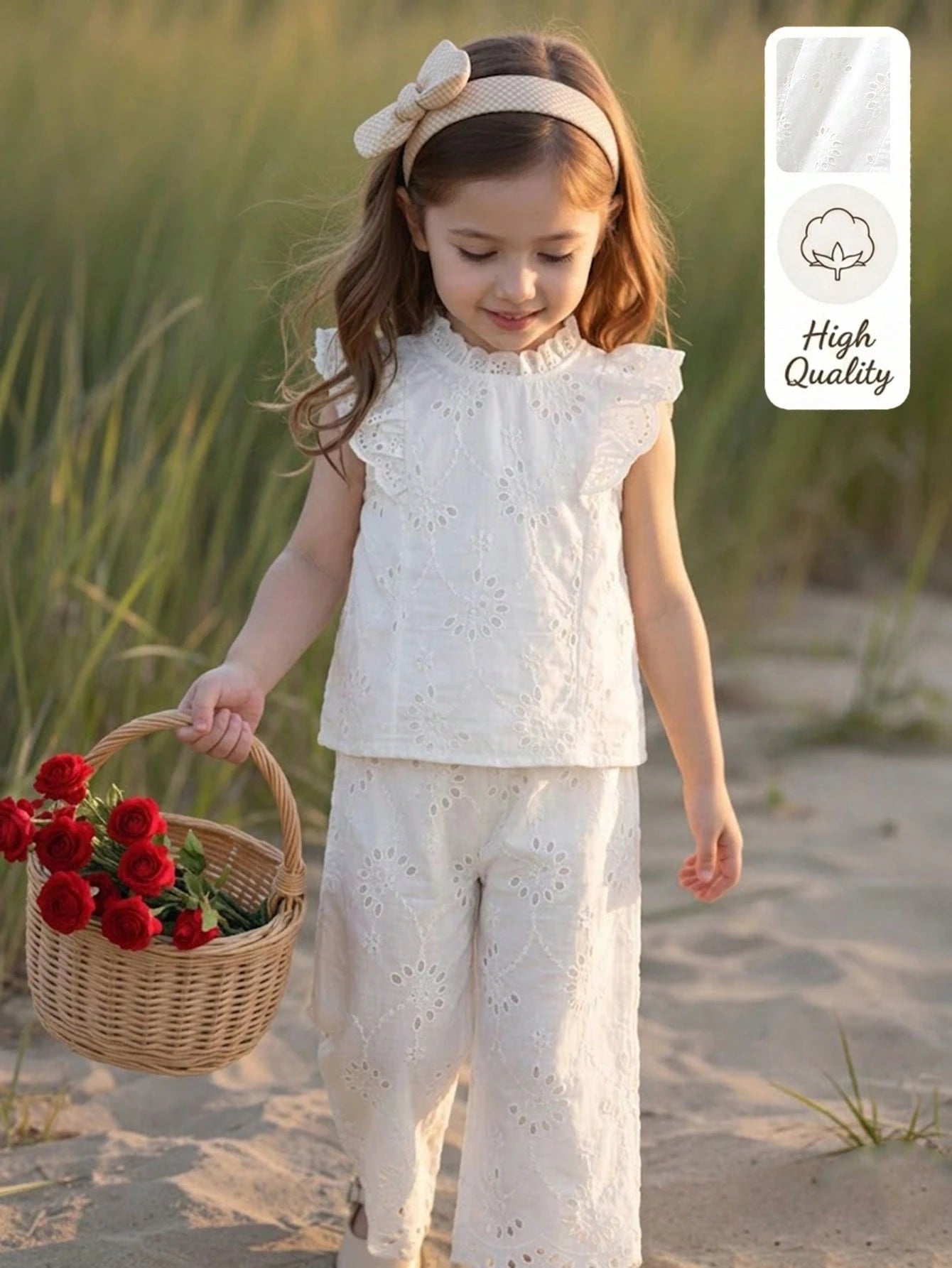 2pcs Little Girls Eyelet Ruffle Blouse & Wide-Leg Pants Set - Ivory...