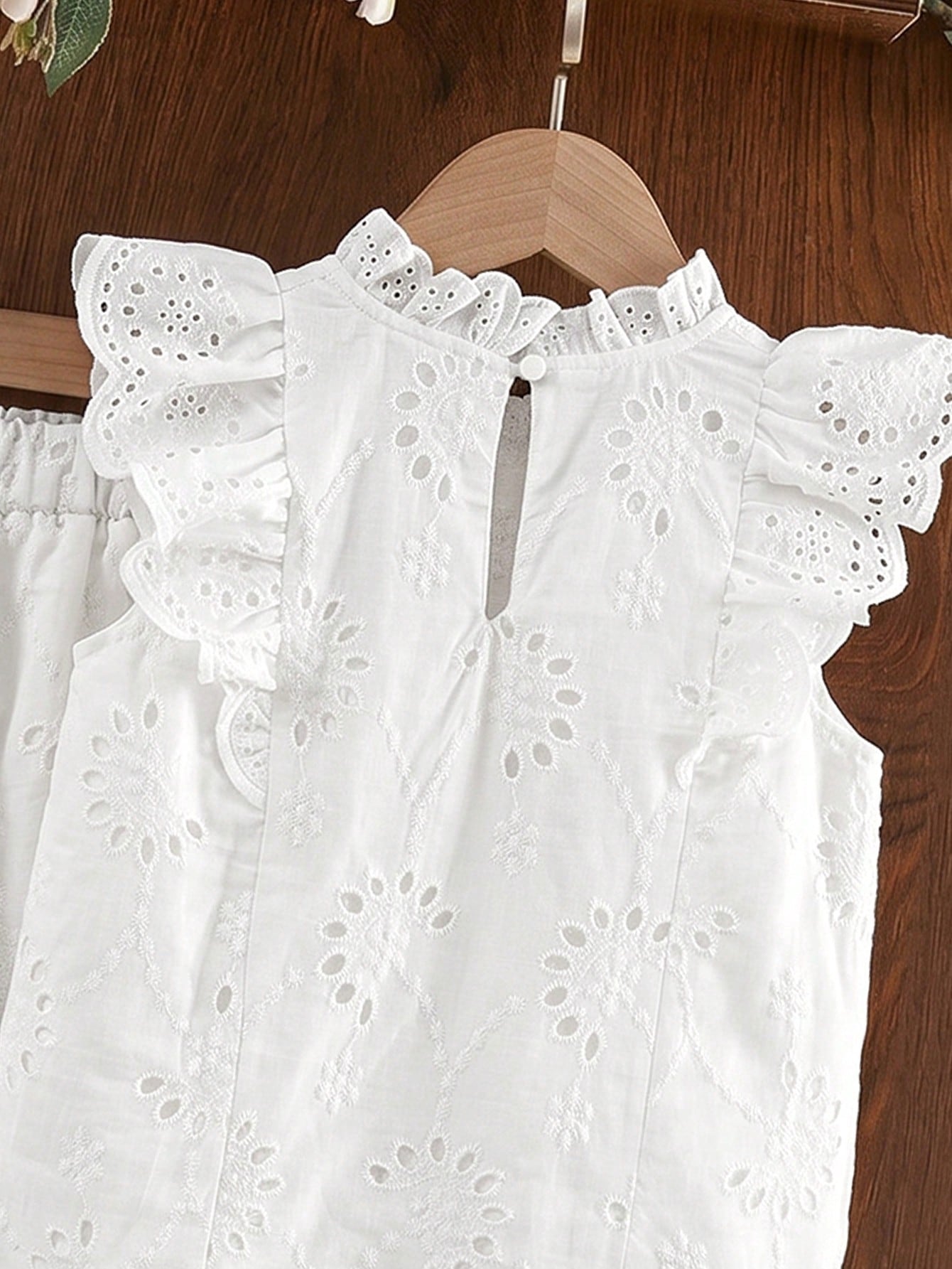 2pcs Little Girls Eyelet Ruffle Blouse & Wide-Leg Pants Set - Ivory...