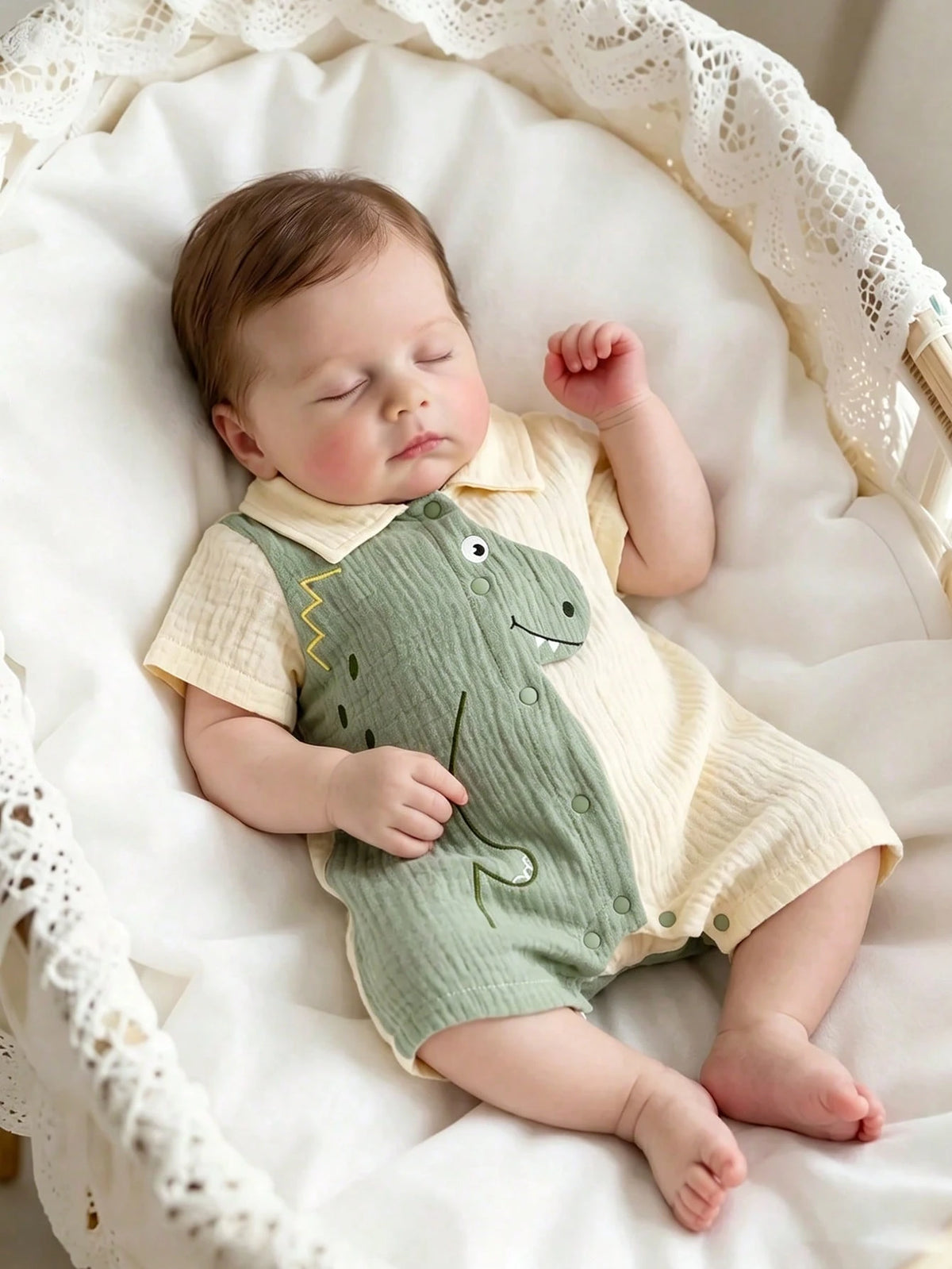 Baby Boys Dinosaur Embroidery Collar Romper - Buttercream