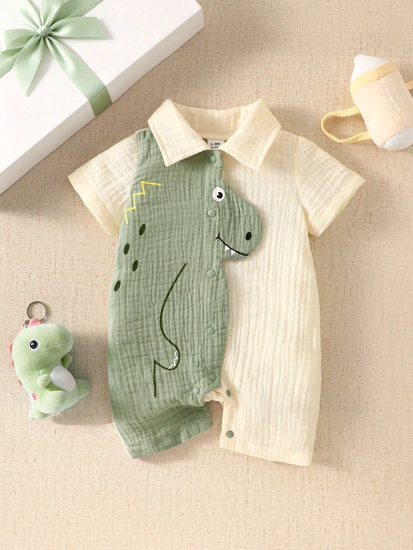 Baby Boys Dinosaur Embroidery Collar Romper - Buttercream