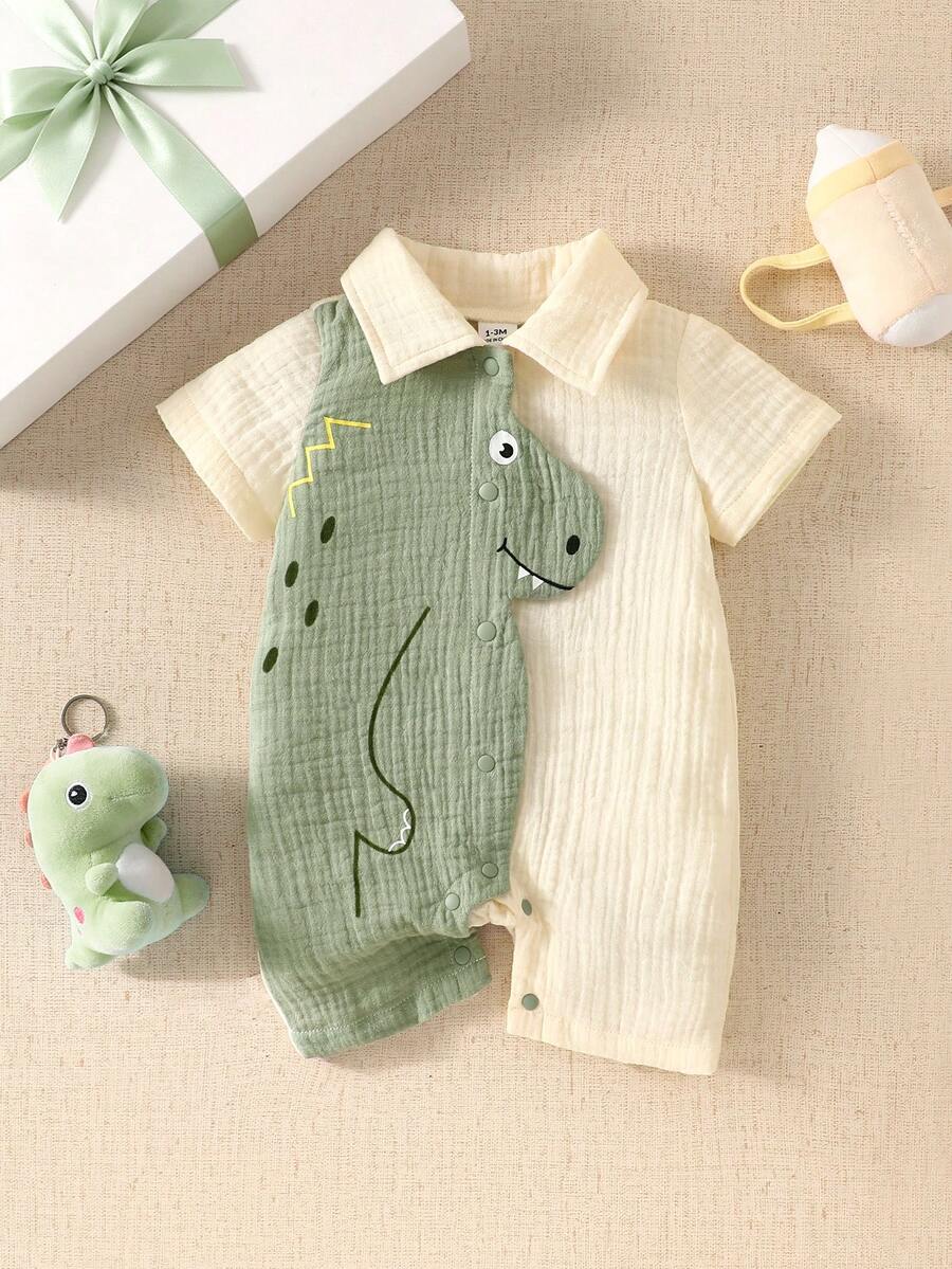 Baby Boys Dinosaur Embroidery Collar Romper - Buttercream