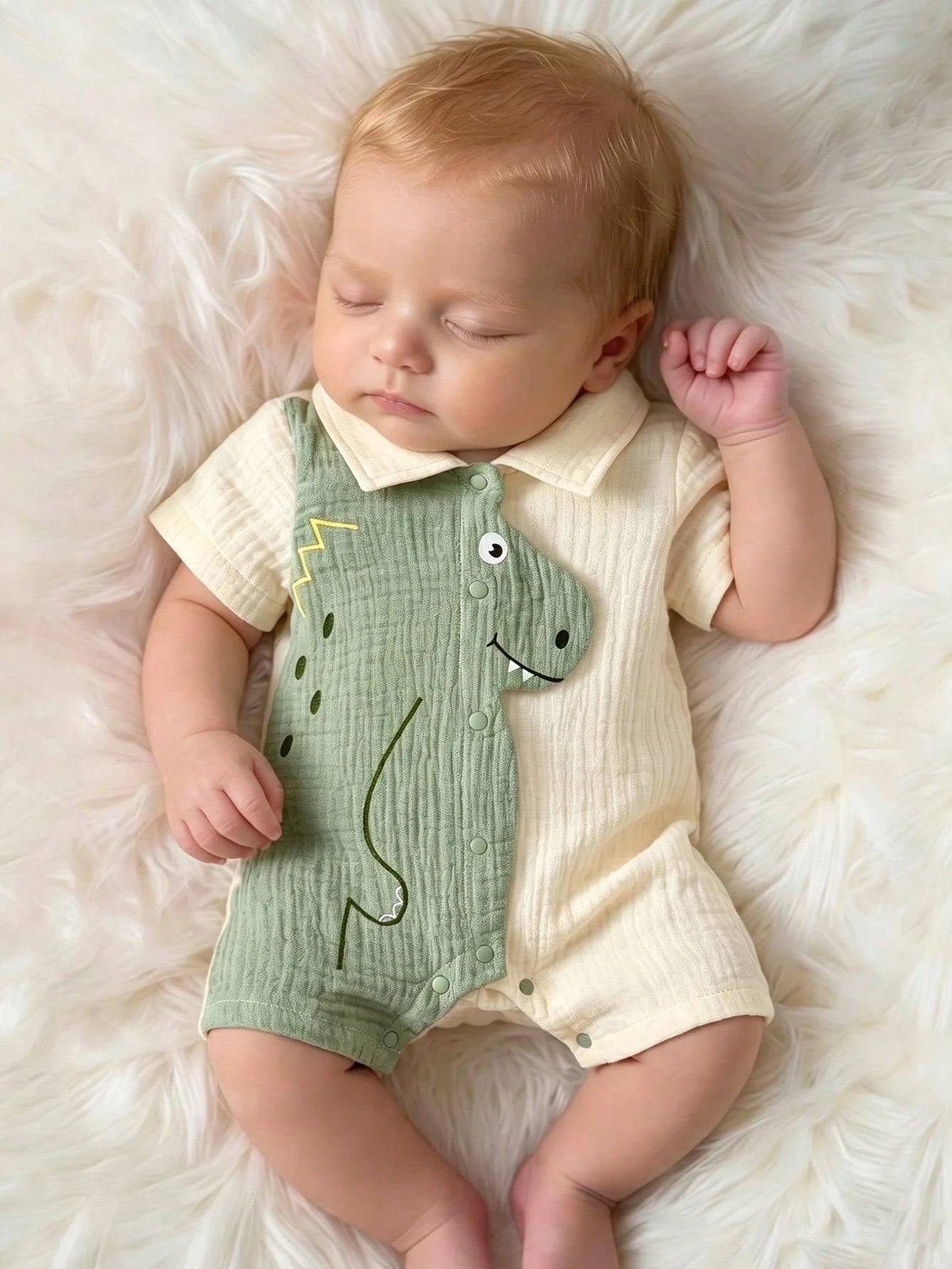 Baby Boys Dinosaur Embroidery Collar Romper - Buttercream