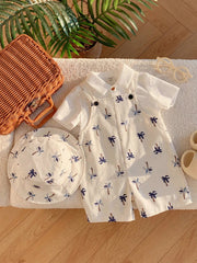 2pcs Boys Palm Print Dungaree Shorts & Bucket Hat Set - Ivory | 21 ...