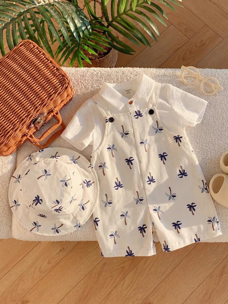 2pcs Boys Palm Print Dungaree Shorts & Bucket Hat Set - Ivory | 21 ...