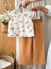 2pcs Little Girls Ditsy Floral Ruffle Top & Wide-Leg Pants Set - Iv...