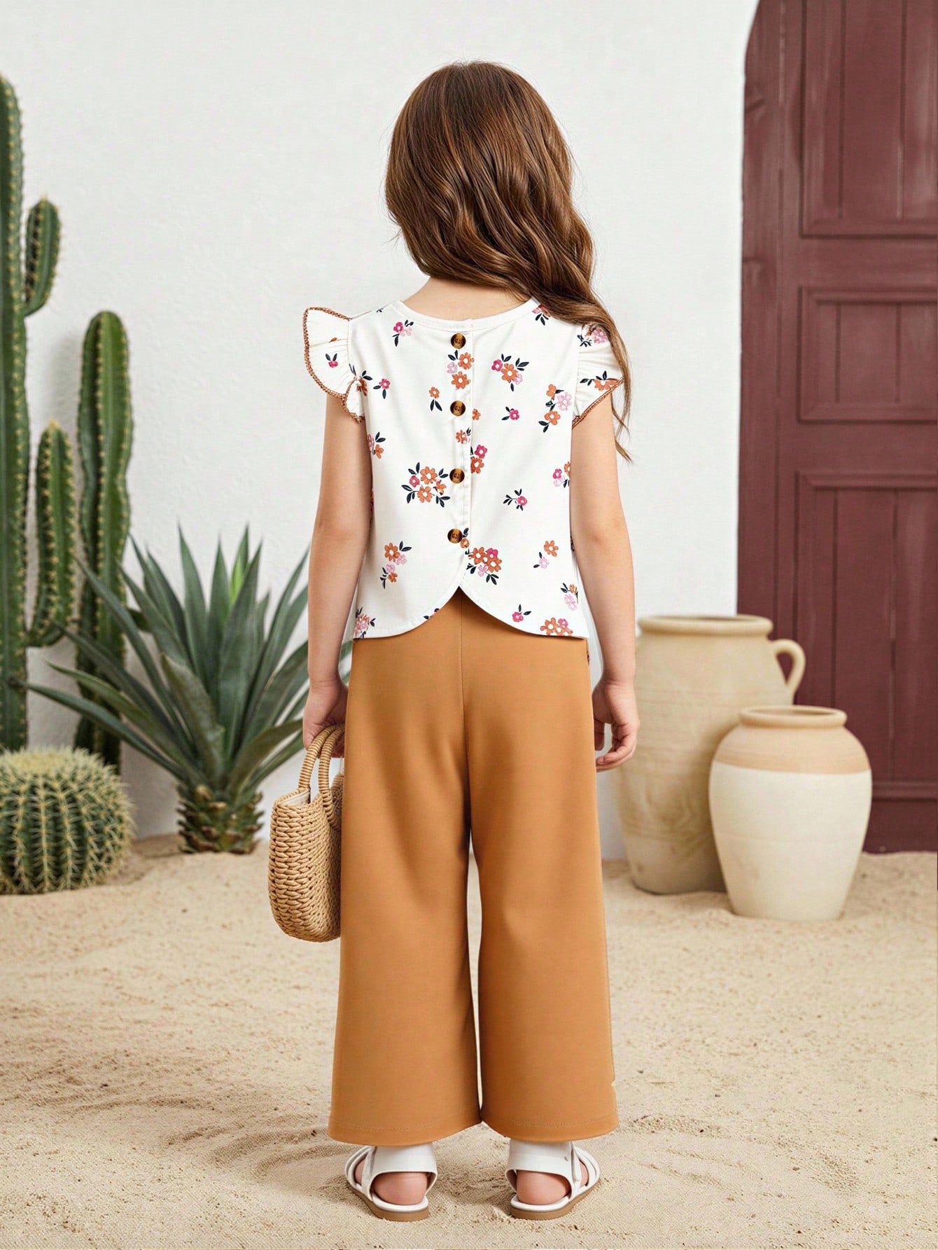 2pcs Little Girls Ditsy Floral Ruffle Top & Wide-Leg Pants Set - Iv...