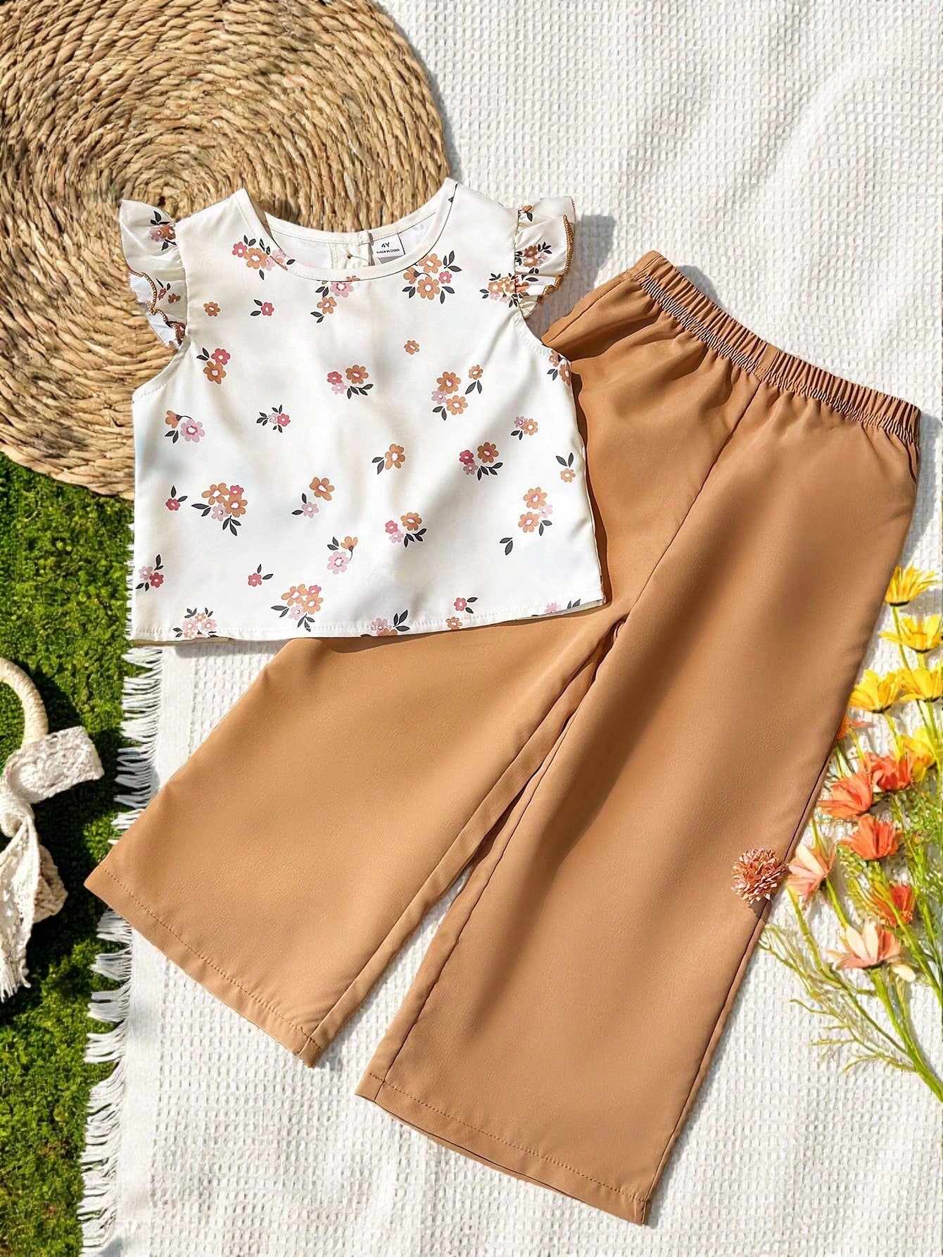 2pcs Little Girls Ditsy Floral Ruffle Top & Wide-Leg Pants Set - Iv...