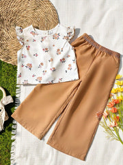 2pcs Little Girls Ditsy Floral Ruffle Top & Wide-Leg Pants Set - Iv...