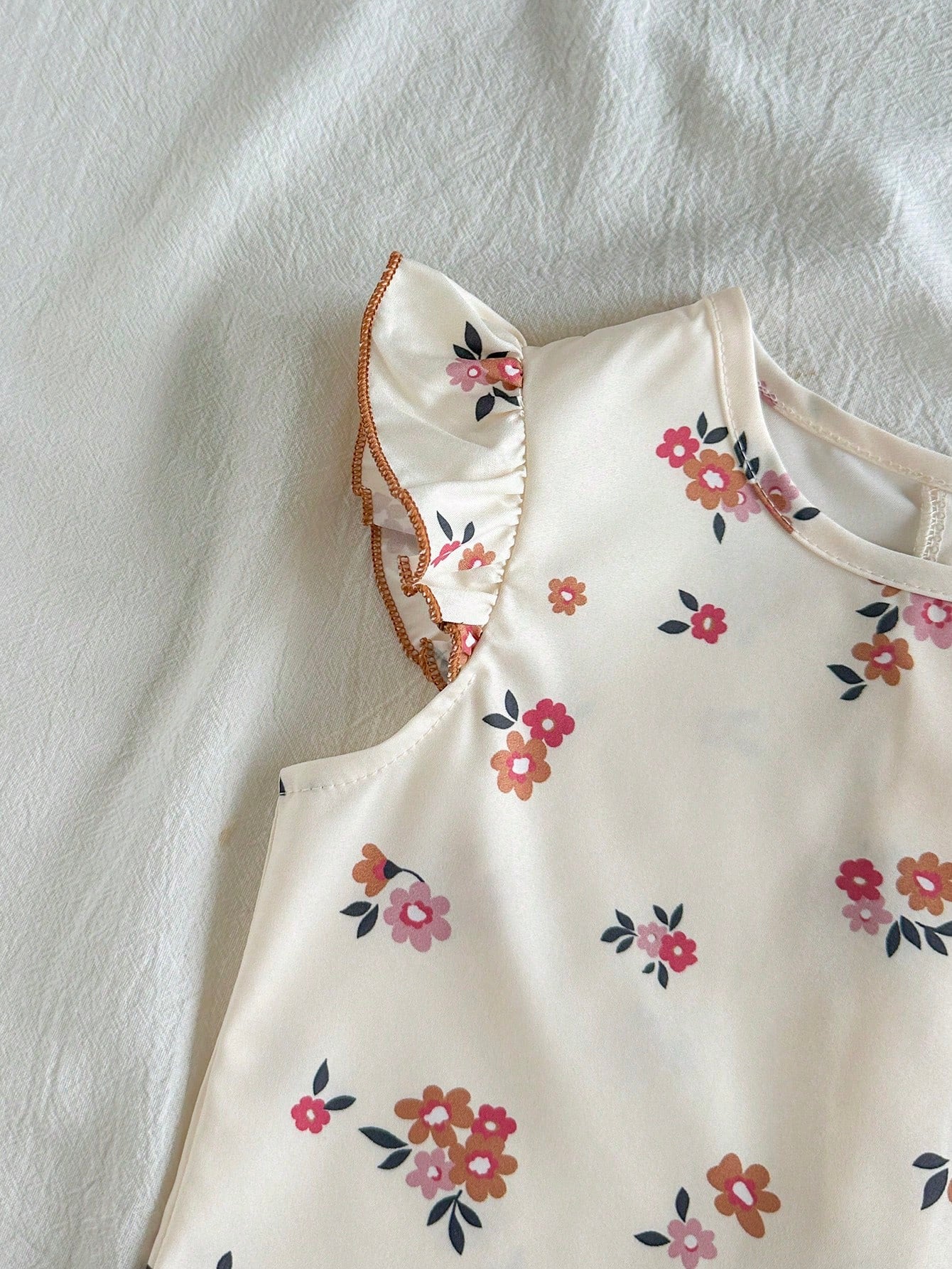 2pcs Little Girls Ditsy Floral Ruffle Top & Wide-Leg Pants Set - Iv...