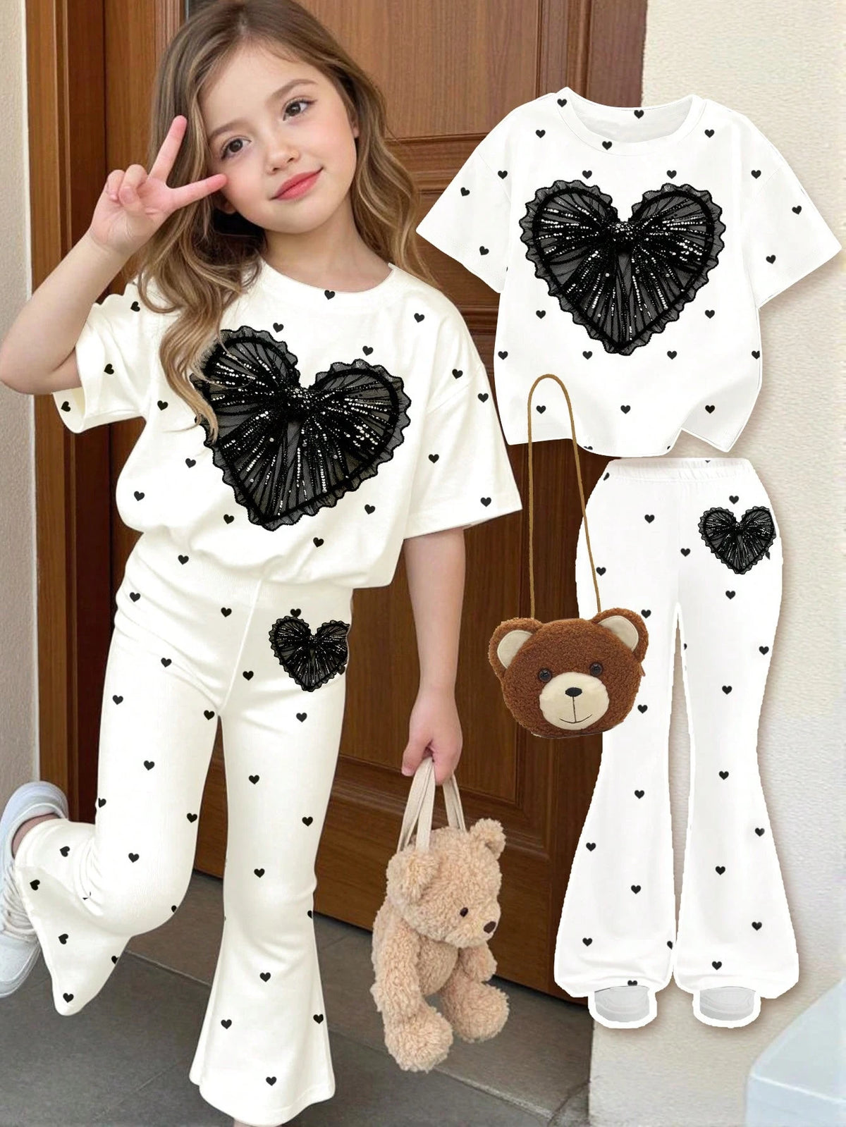 2pcs Little Girls Sequin Heart Print Tee & Flare Pants Set - Ivory ...