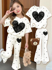 2pcs Little Girls Sequin Heart Print Tee & Flare Pants Set - Ivory ...