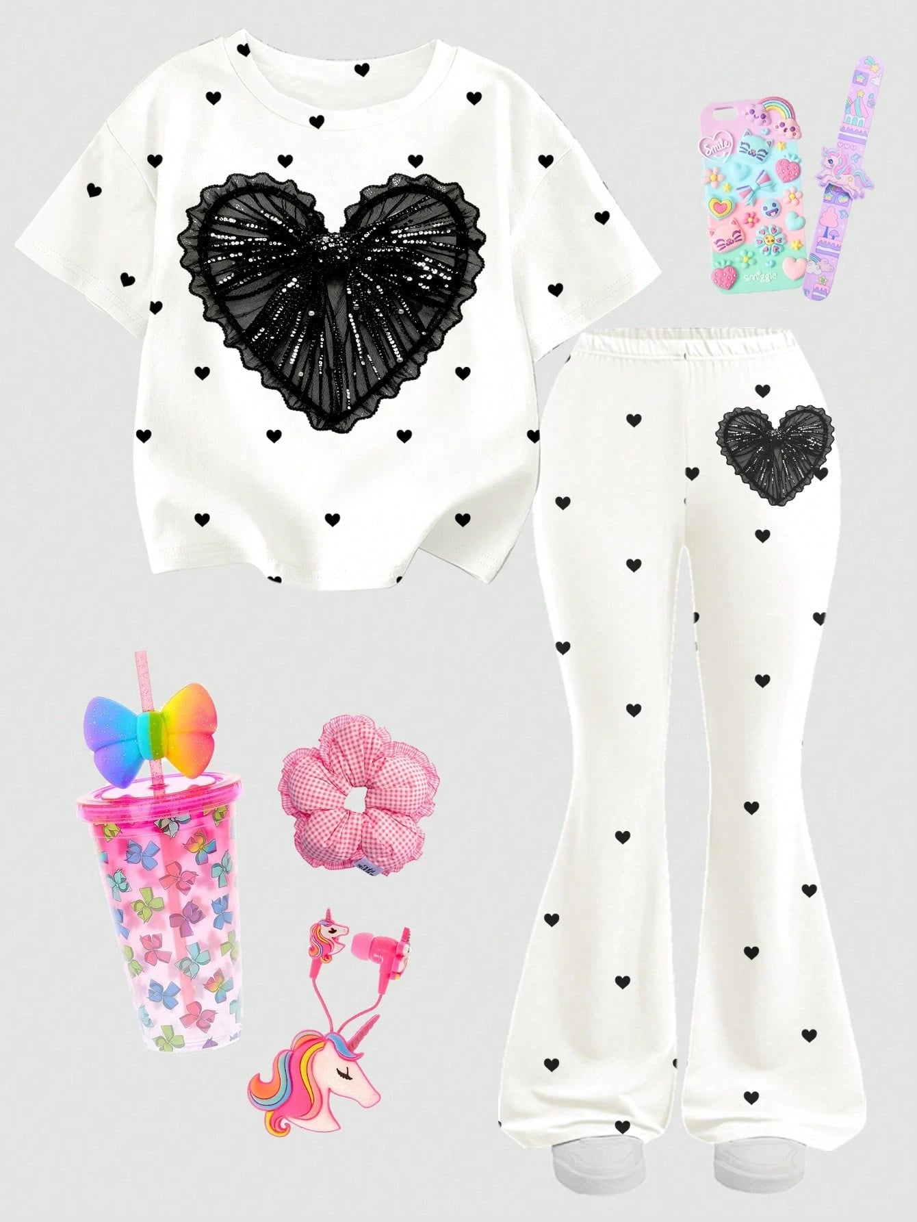 2pcs Little Girls Sequin Heart Print Tee & Flare Pants Set - Ivory ...