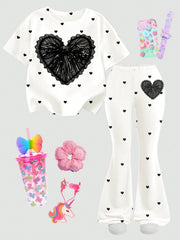 2pcs Little Girls Sequin Heart Print Tee & Flare Pants Set - Ivory ...