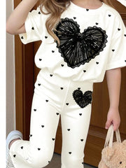 2pcs Little Girls Sequin Heart Print Tee & Flare Pants Set - Ivory ...