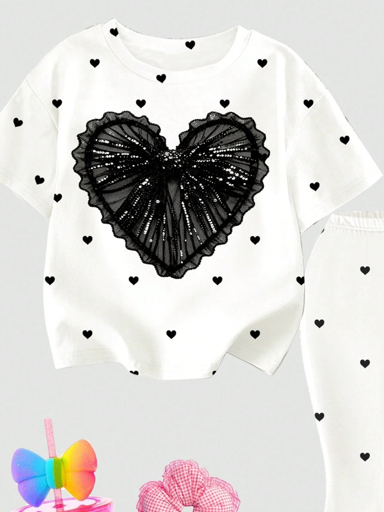 2pcs Little Girls Sequin Heart Print Tee & Flare Pants Set - Ivory ...