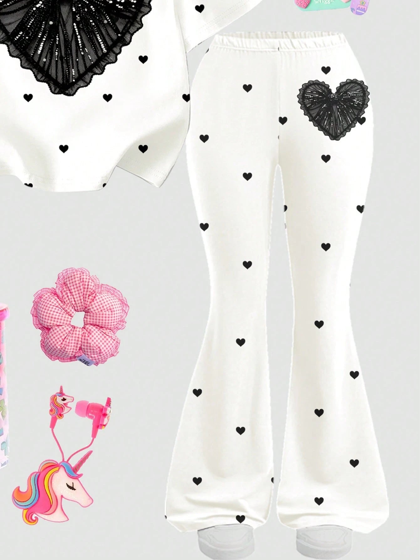 2pcs Little Girls Sequin Heart Print Tee & Flare Pants Set - Ivory ...