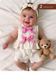 2pcs Baby Girls Tulip Print Bow Peplum Top & Shorts Set - Ivory | 2...